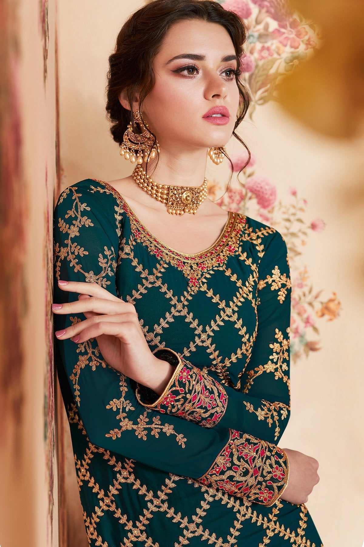 Peacock Blue and Maroon Designer Gharara Suit