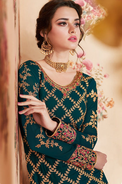 Peacock Blue and Maroon Designer Gharara Suit