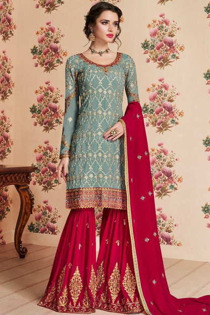 Baby Blue and Maroon Designer Gharara Suit