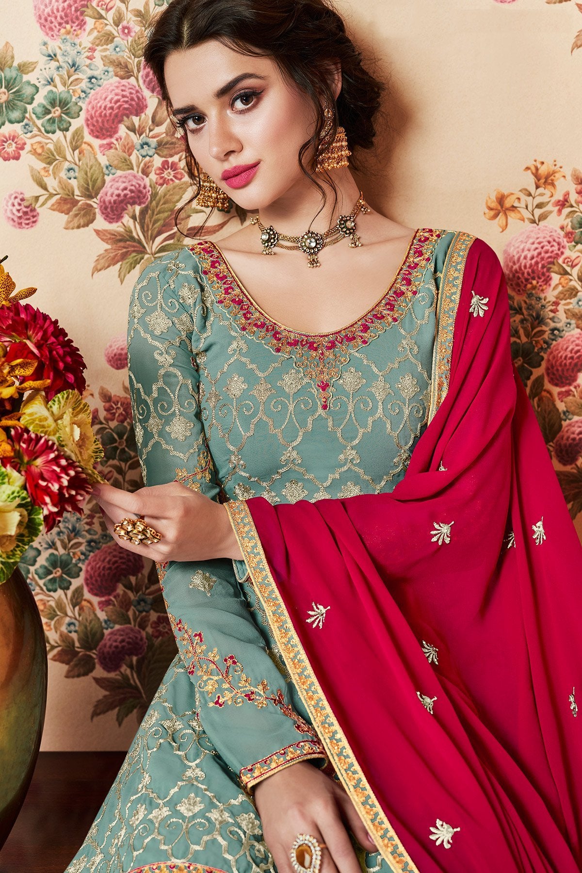 Baby Blue and Maroon Designer Gharara Suit