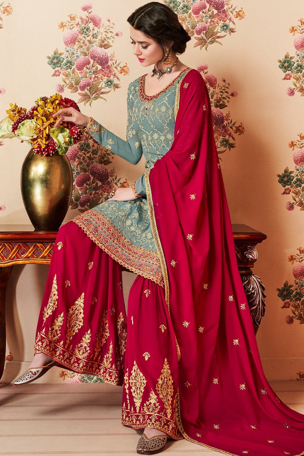 Baby Blue and Maroon Designer Gharara Suit