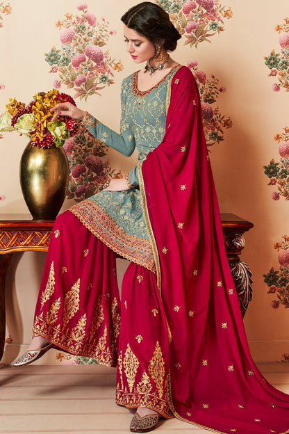 Baby Blue and Maroon Designer Gharara Suit