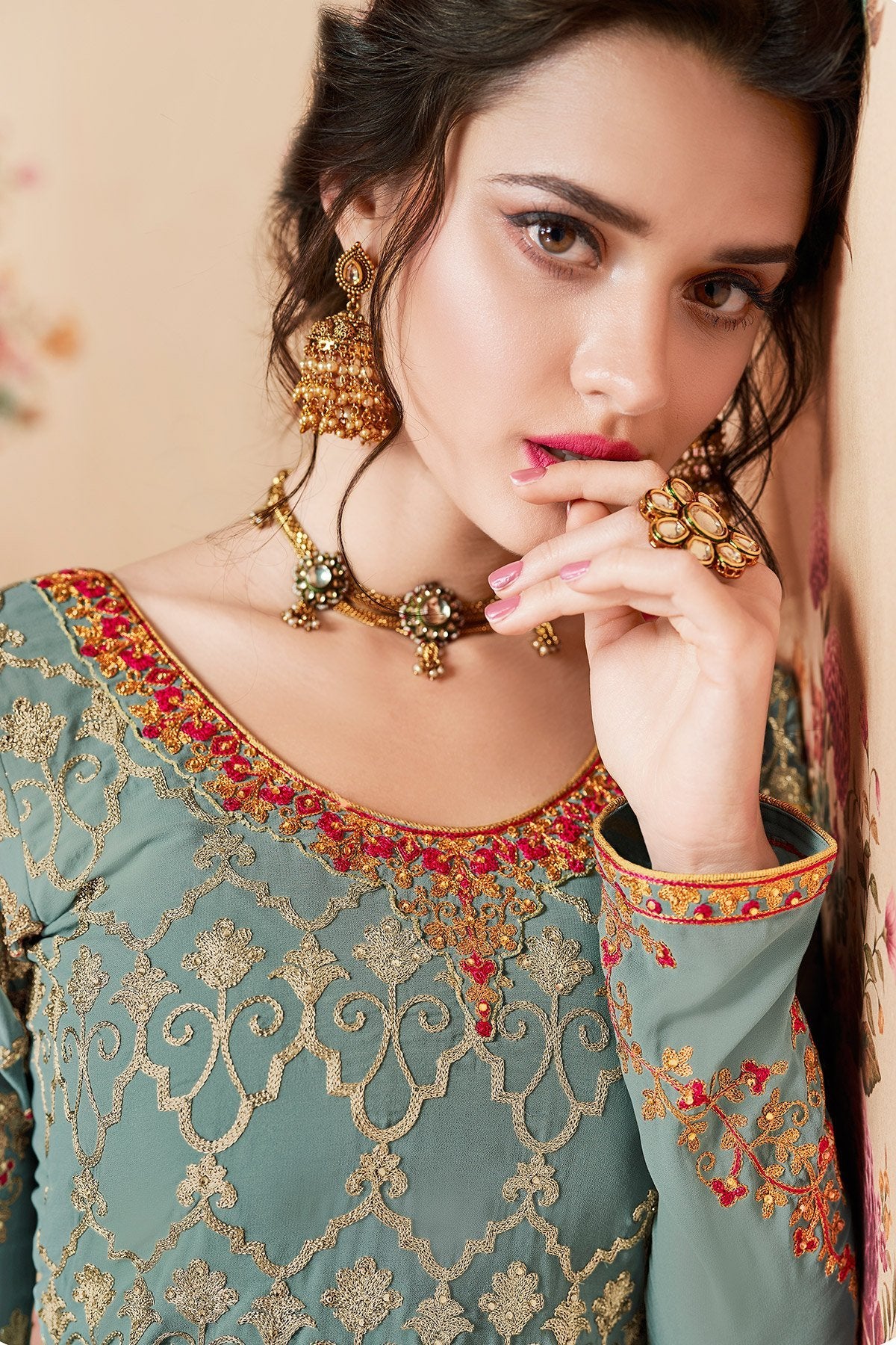 Baby Blue and Maroon Designer Gharara Suit