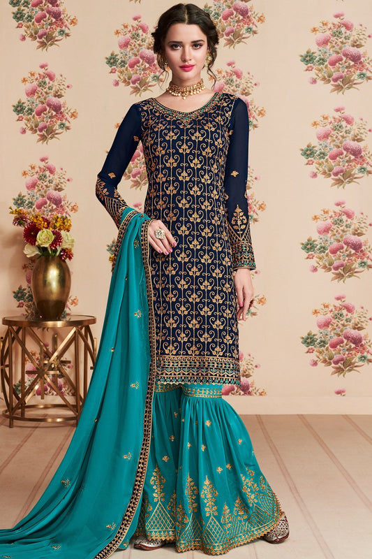 Barry Blue And Dark Cerulean designer Gharara Suit