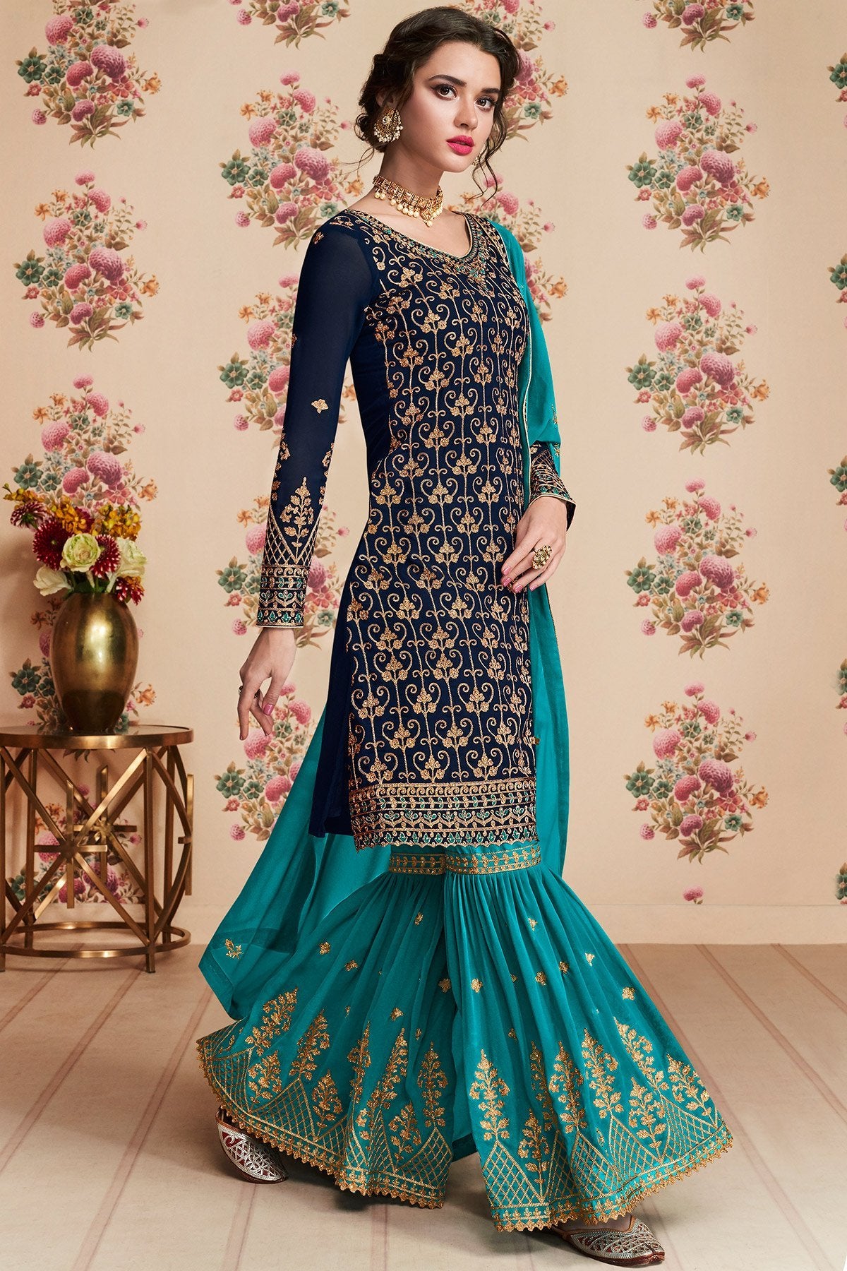 Barry Blue And Dark Cerulean designer Gharara Suit