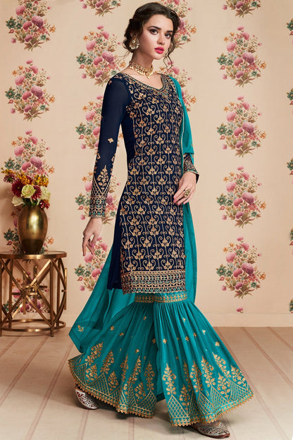 Barry Blue And Dark Cerulean designer Gharara Suit