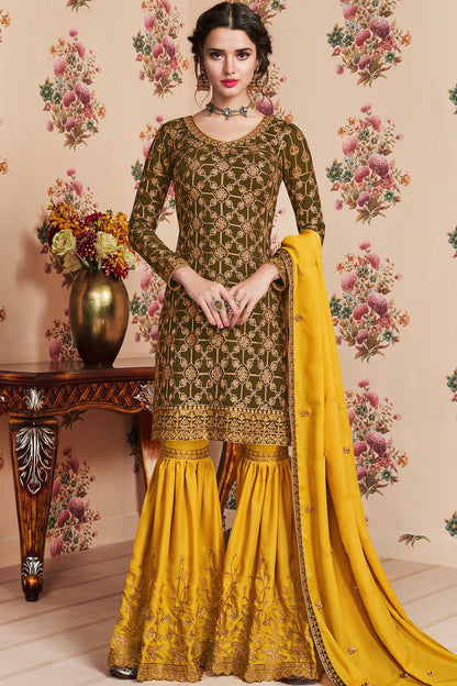 Seaweed Green And Yellow designer Gharara Suit