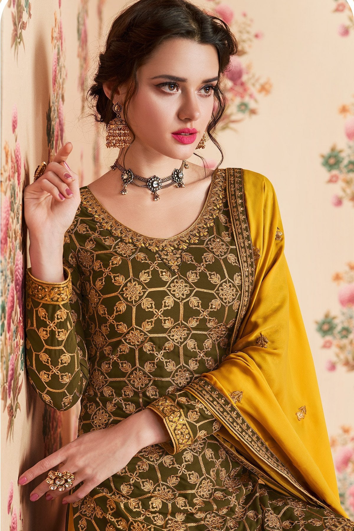 Seaweed Green And Yellow designer Gharara Suit