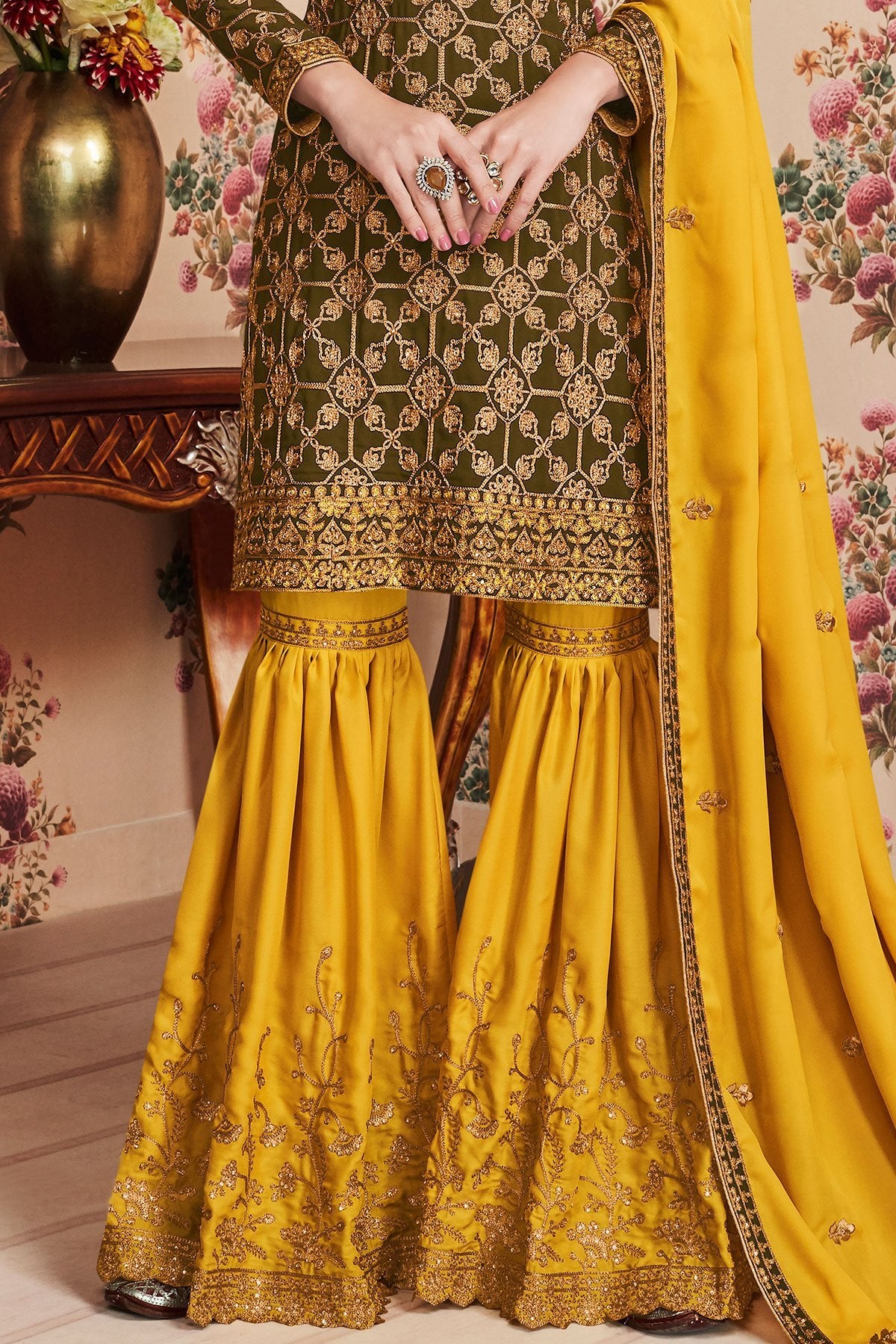 Seaweed Green And Yellow designer Gharara Suit