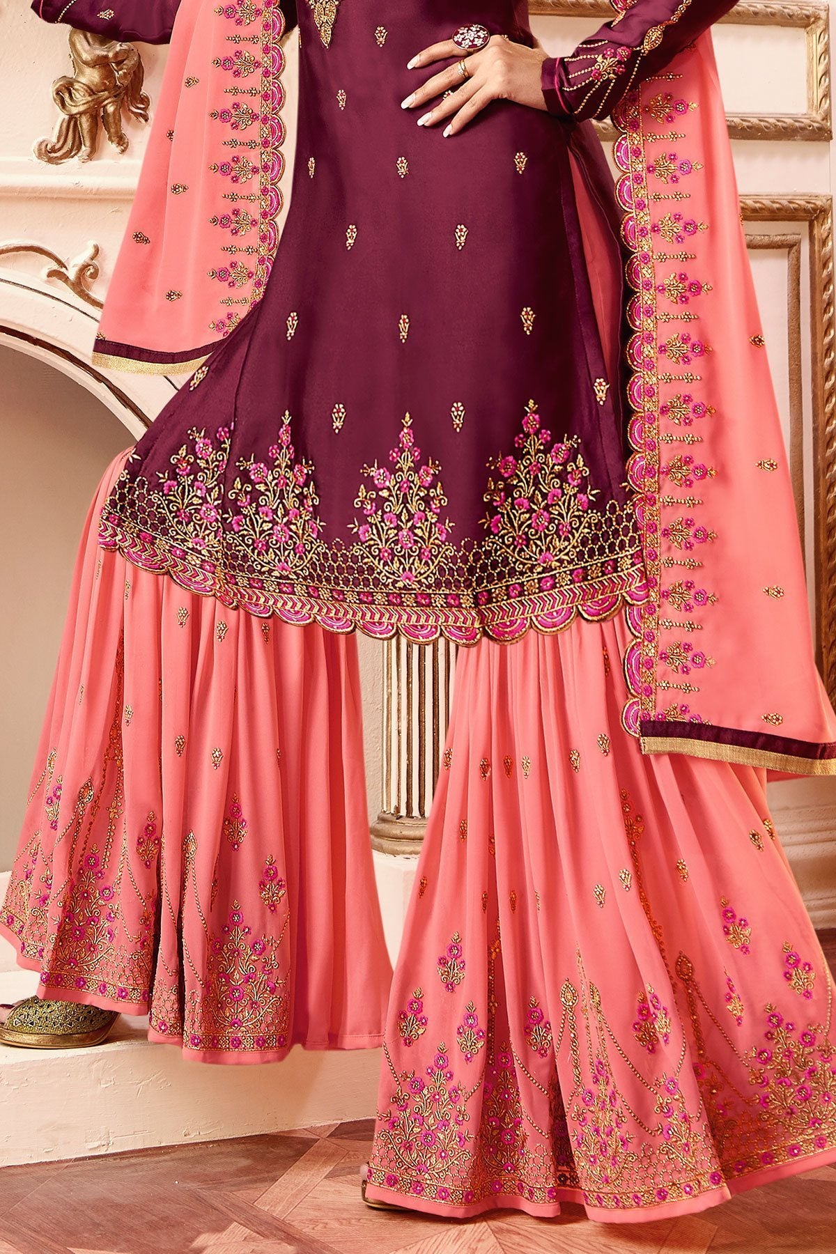 Purple and Pink Georgette Sharara Suit