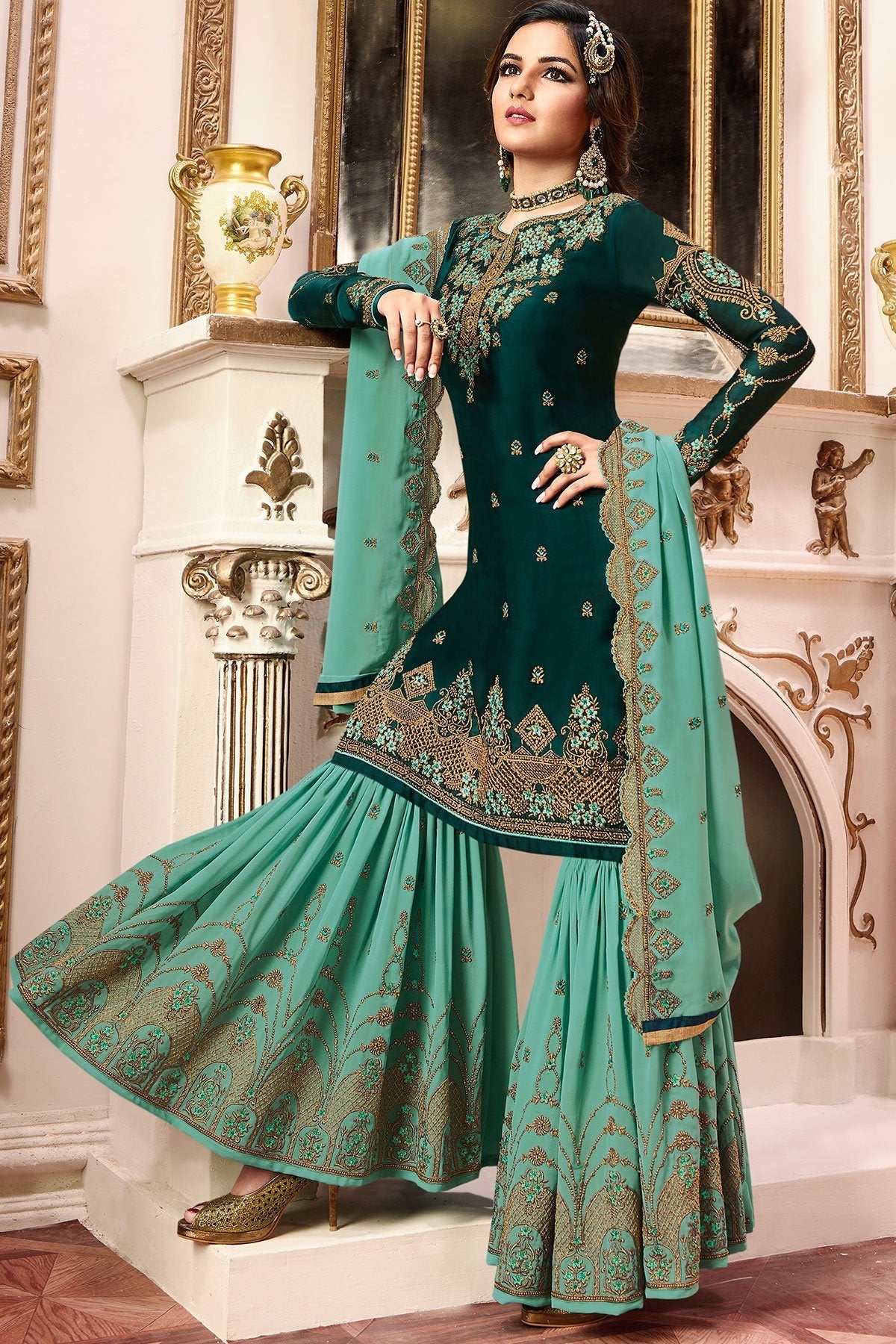 Dual Green Georgette Sharara Suit