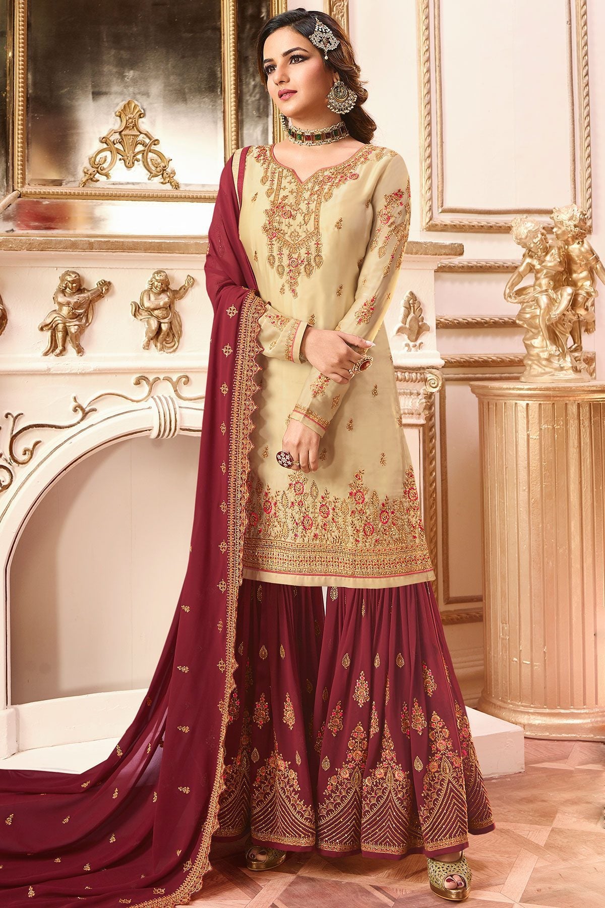 Purple and Peach Georgette Sharara Suit
