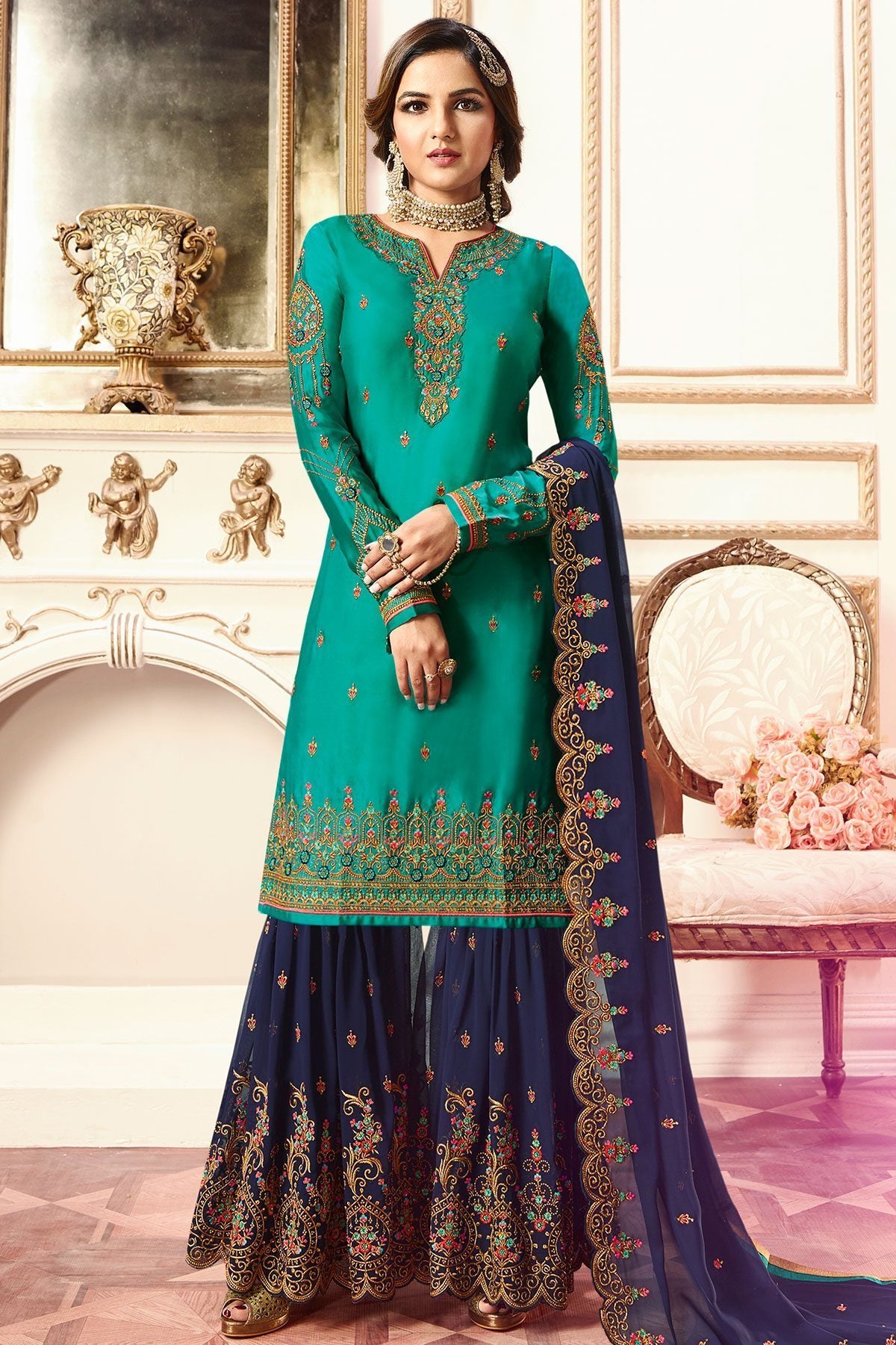 Cyan and Blue Party Wear Sharara Suit