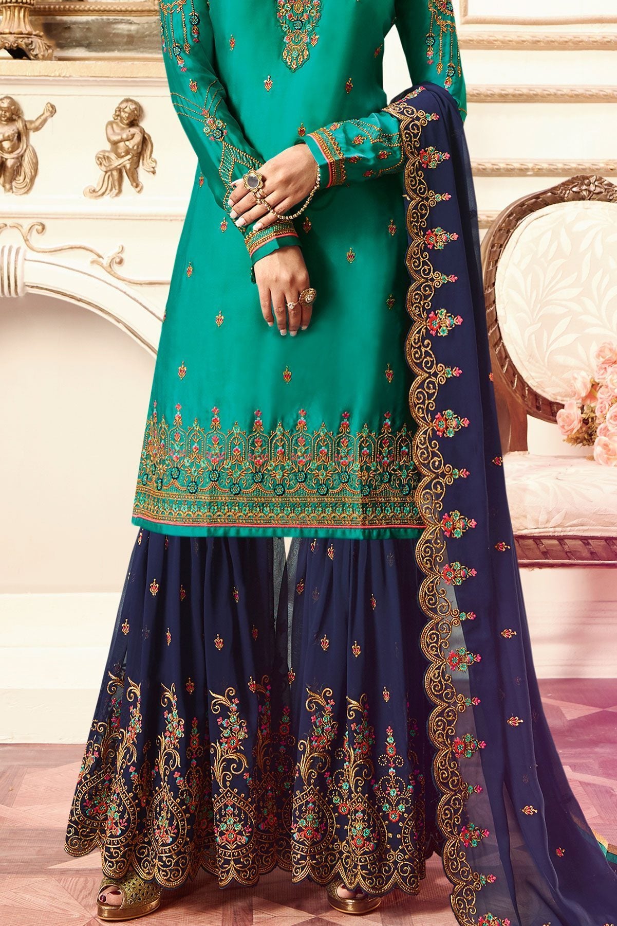 Cyan and Blue Party Wear Sharara Suit