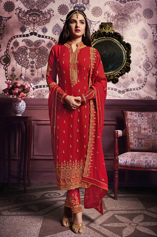 True-Red Faux Georgette suit with light yet graceful artwork all through.