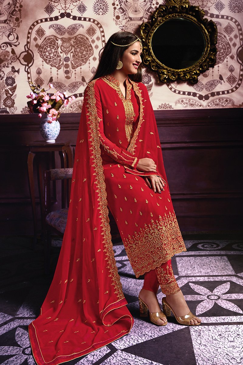 True-Red Faux Georgette suit with light yet graceful artwork all through.