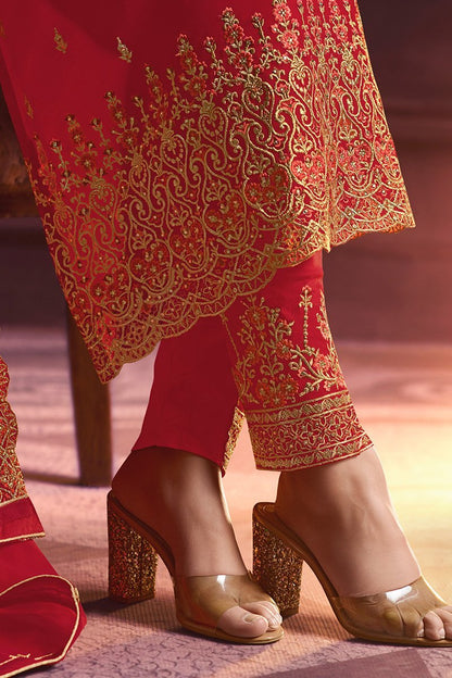 True-Red Faux Georgette suit with light yet graceful artwork all through.