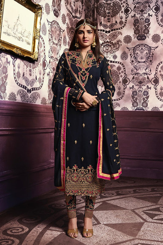 Navy Blue Faux Georgette suit with traditional artwork and embroidery