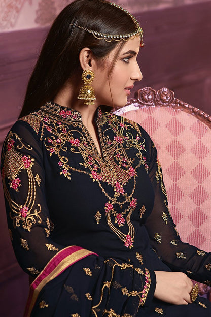 Navy Blue Faux Georgette suit with traditional artwork and embroidery