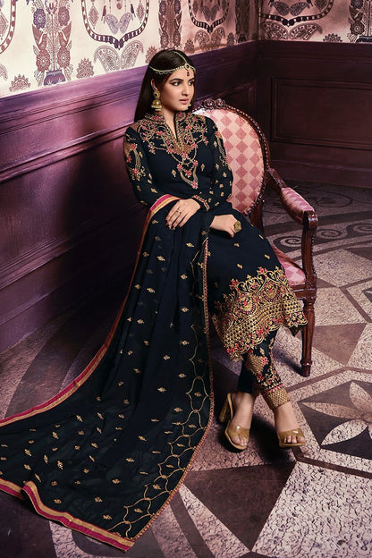 Navy Blue Faux Georgette suit with traditional artwork and embroidery