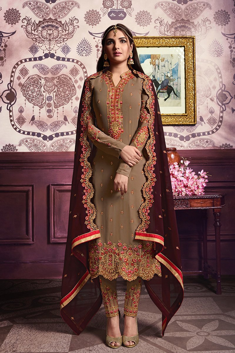 Peanut-Brown shaded suit with exquisite artwork.