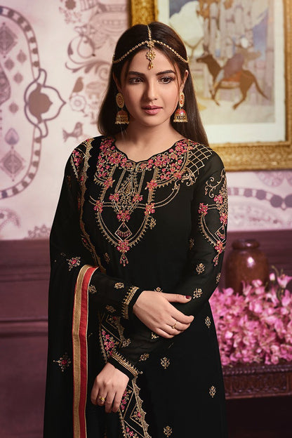 Faux Georgette suit in Midnigh-Black shade with ample of traditional artwork