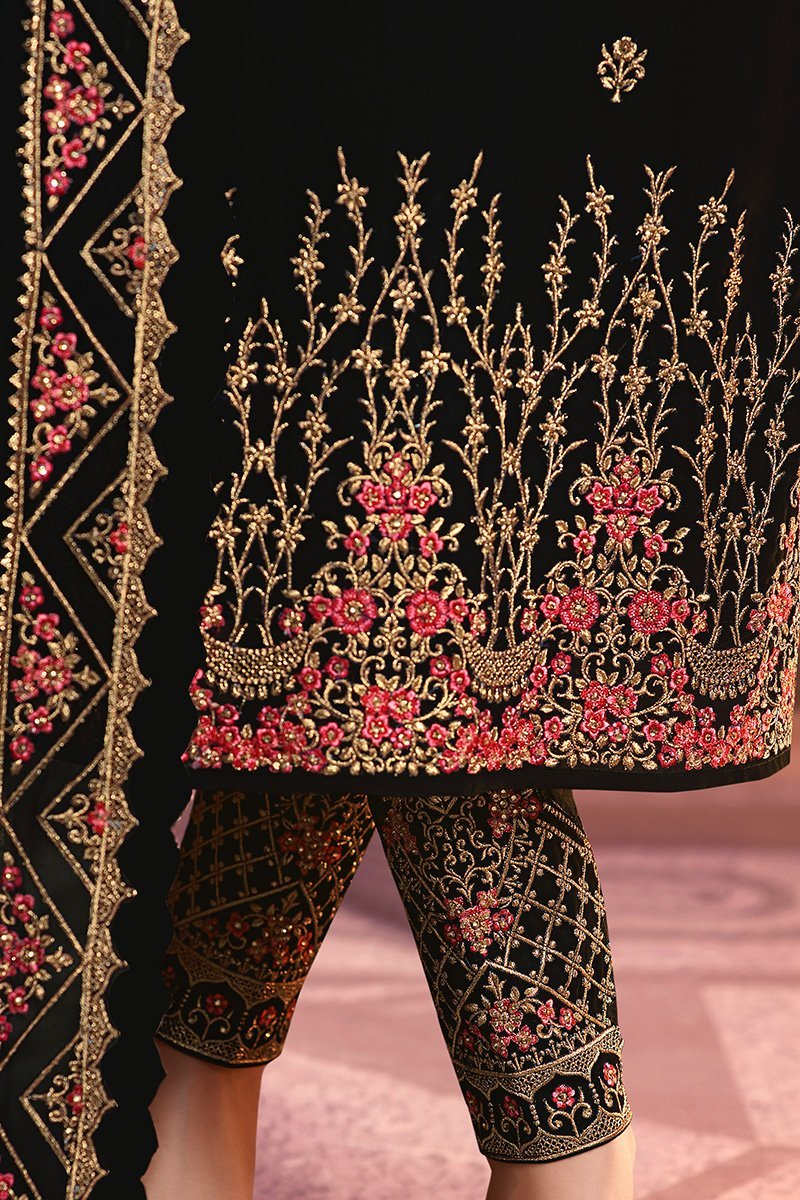 Faux Georgette suit in Midnigh-Black shade with ample of traditional artwork