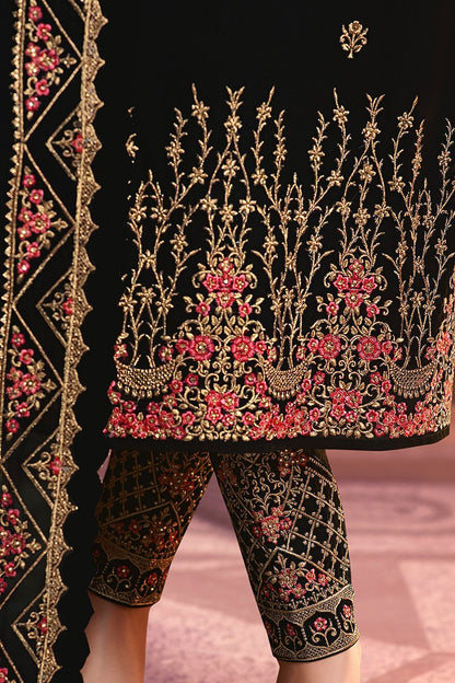 Faux Georgette suit in Midnigh-Black shade with ample of traditional artwork