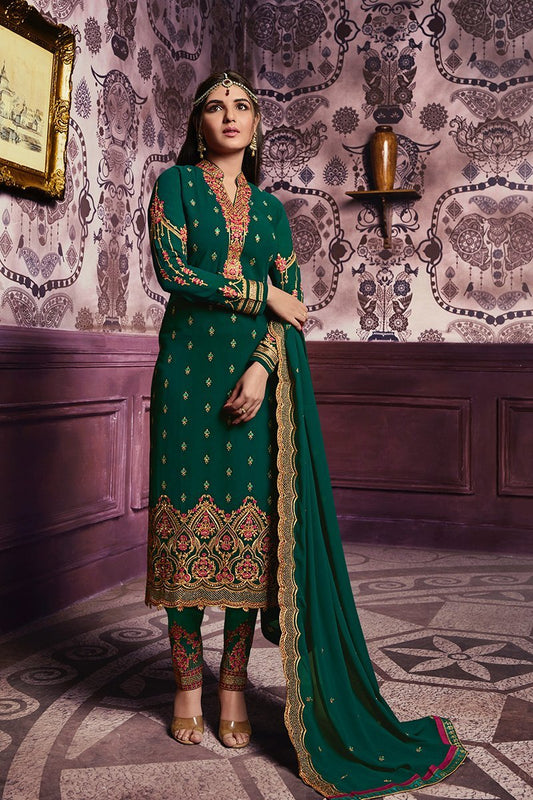 Forest-Green Faux Georgette suit with floral artwork and lacework