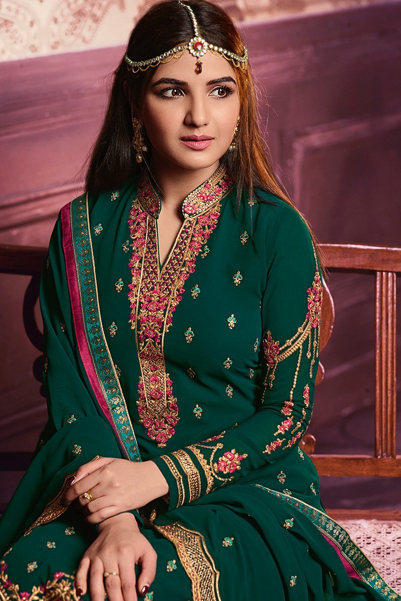 Forest-Green Faux Georgette suit with floral artwork and lacework