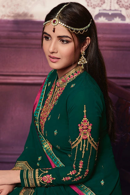 Forest-Green Faux Georgette suit with floral artwork and lacework