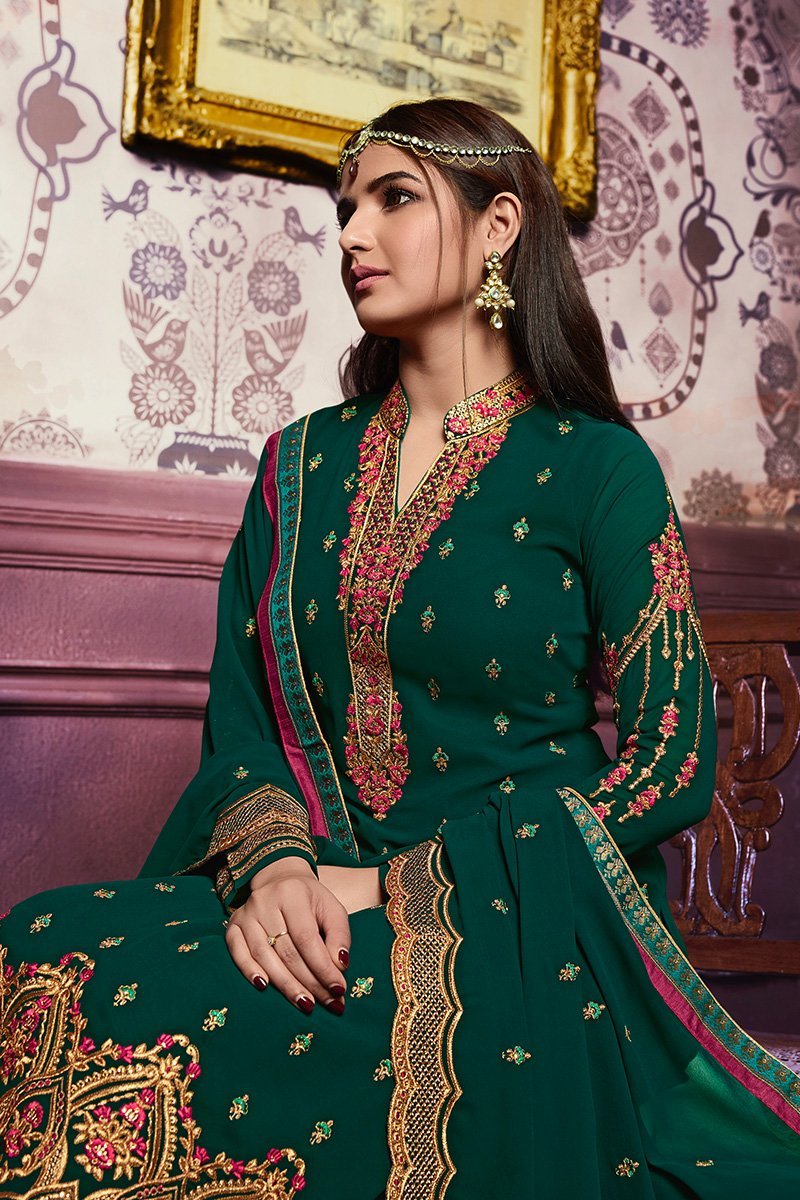 Forest-Green Faux Georgette suit with floral artwork and lacework
