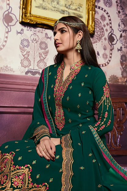 Forest-Green Faux Georgette suit with floral artwork and lacework