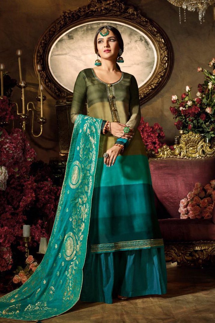 Turquoise and Gray Multi-shaded Party Wear Suit With Palazzo