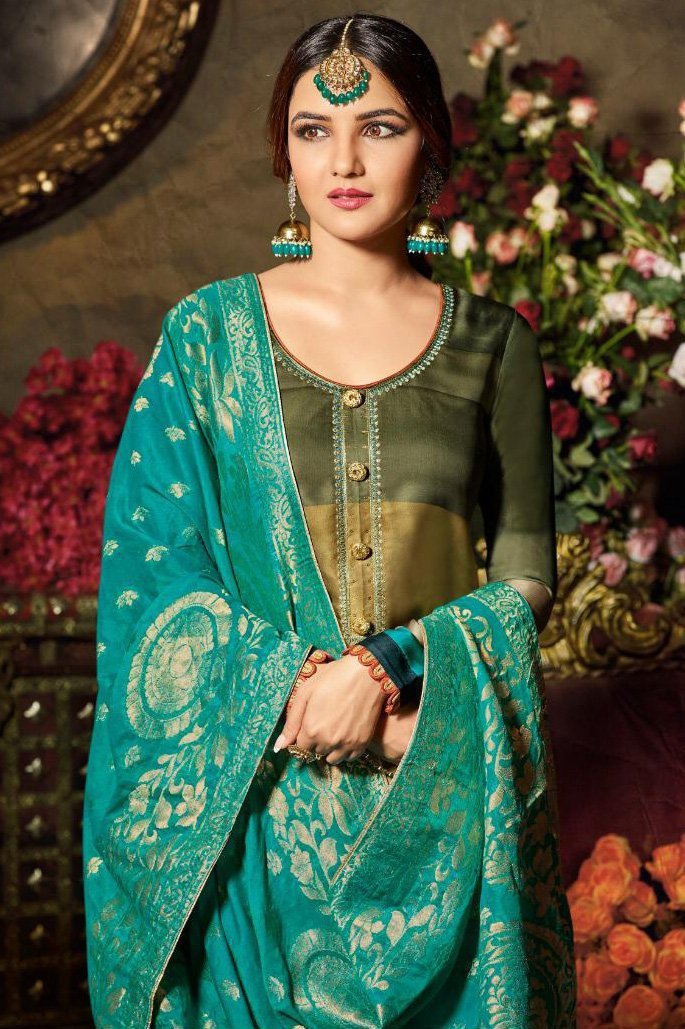 Turquoise and Gray Multi-shaded Party Wear Suit With Palazzo