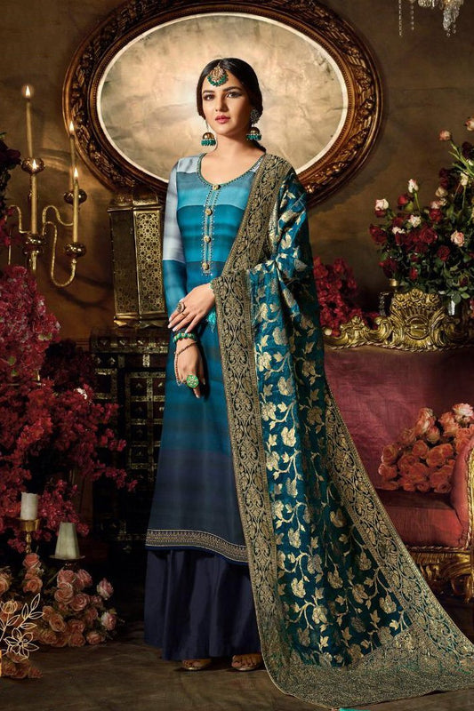 Blue Multi-Shaded Party Wear Suit With Palazzo