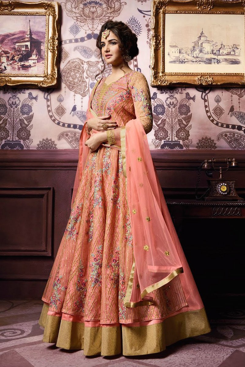 Orange Party Wear Layered Lehenga Style Anarkali Suit