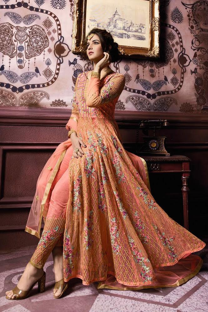 Orange Party Wear Layered Lehenga Style Anarkali Suit