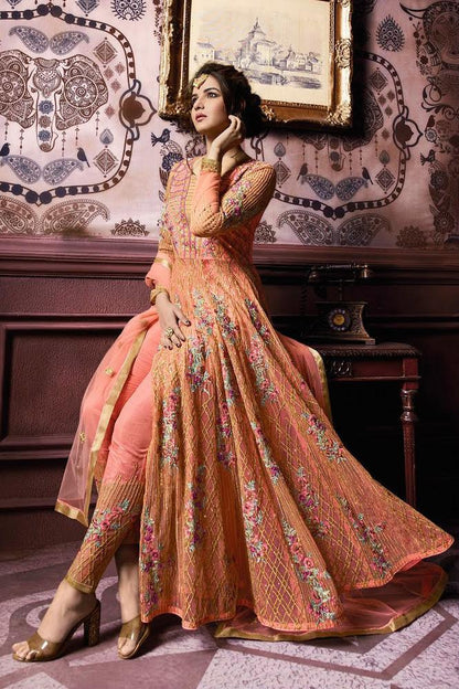 Orange Party Wear Layered Lehenga Style Anarkali Suit