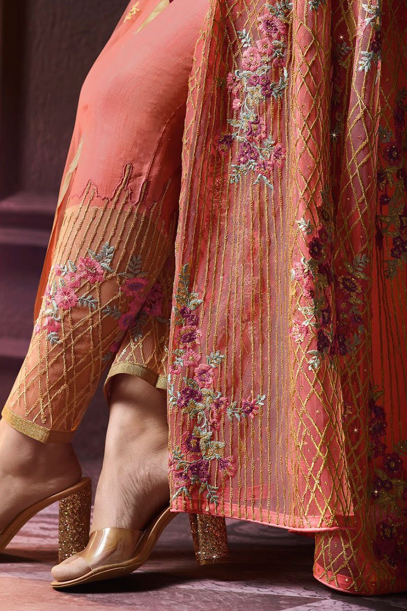 Orange Party Wear Layered Lehenga Style Anarkali Suit