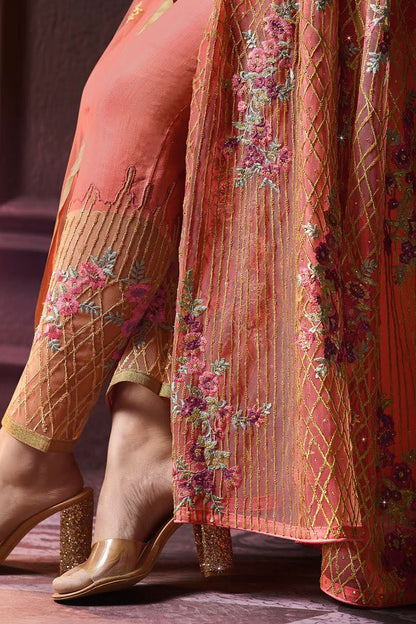 Orange Party Wear Layered Lehenga Style Anarkali Suit