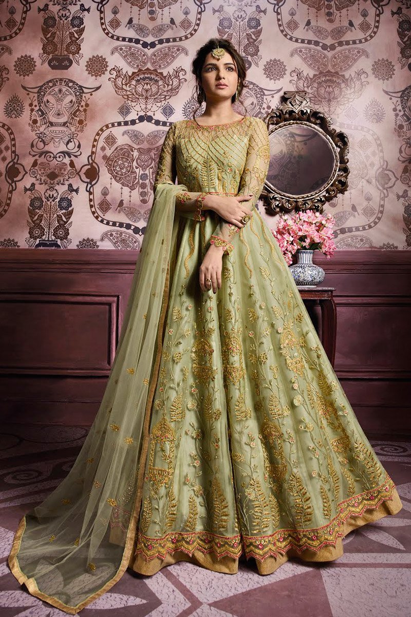 Green Traditional Embroidered Party Wear Anarkali Suit