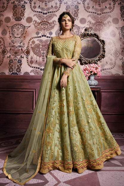 Green Traditional Embroidered Party Wear Anarkali Suit