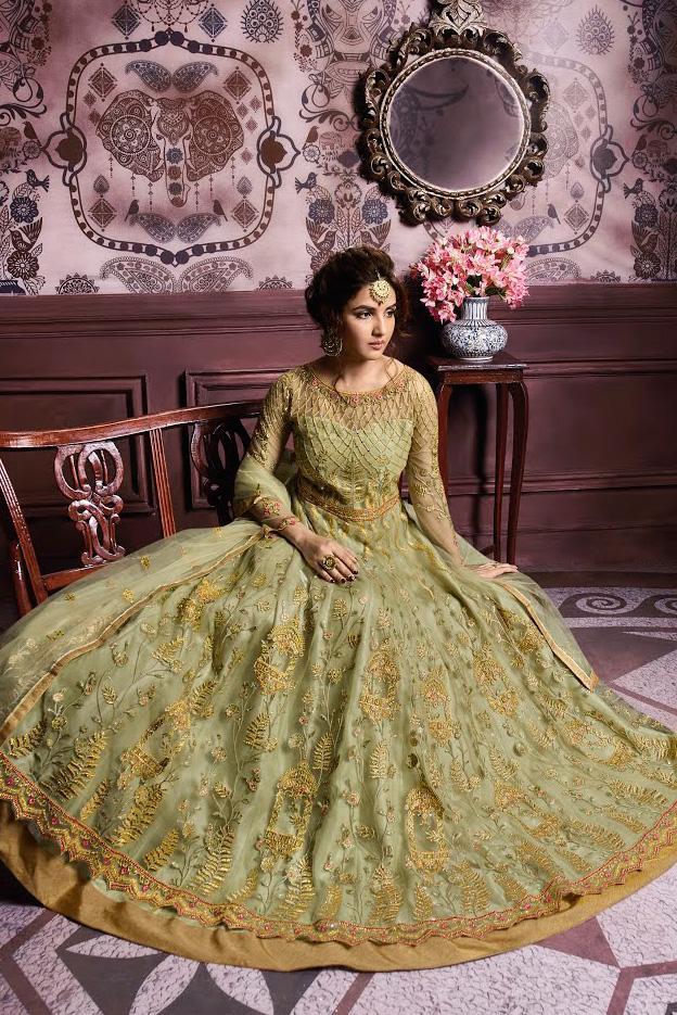 Green Traditional Embroidered Party Wear Anarkali Suit