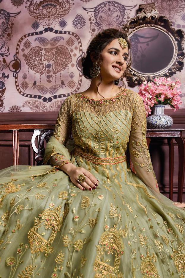 Green Traditional Embroidered Party Wear Anarkali Suit