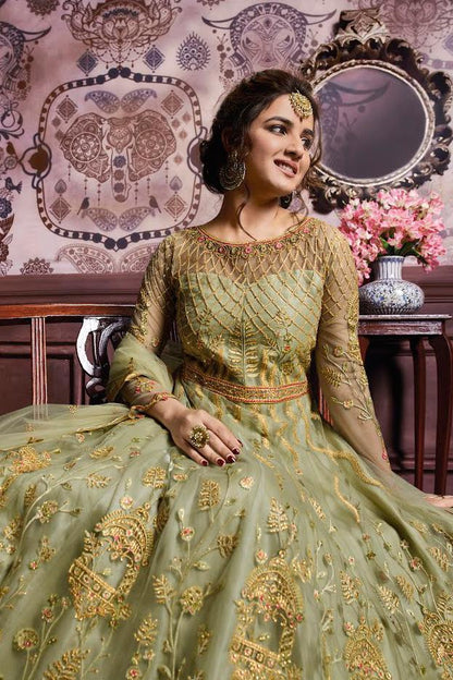 Green Traditional Embroidered Party Wear Anarkali Suit