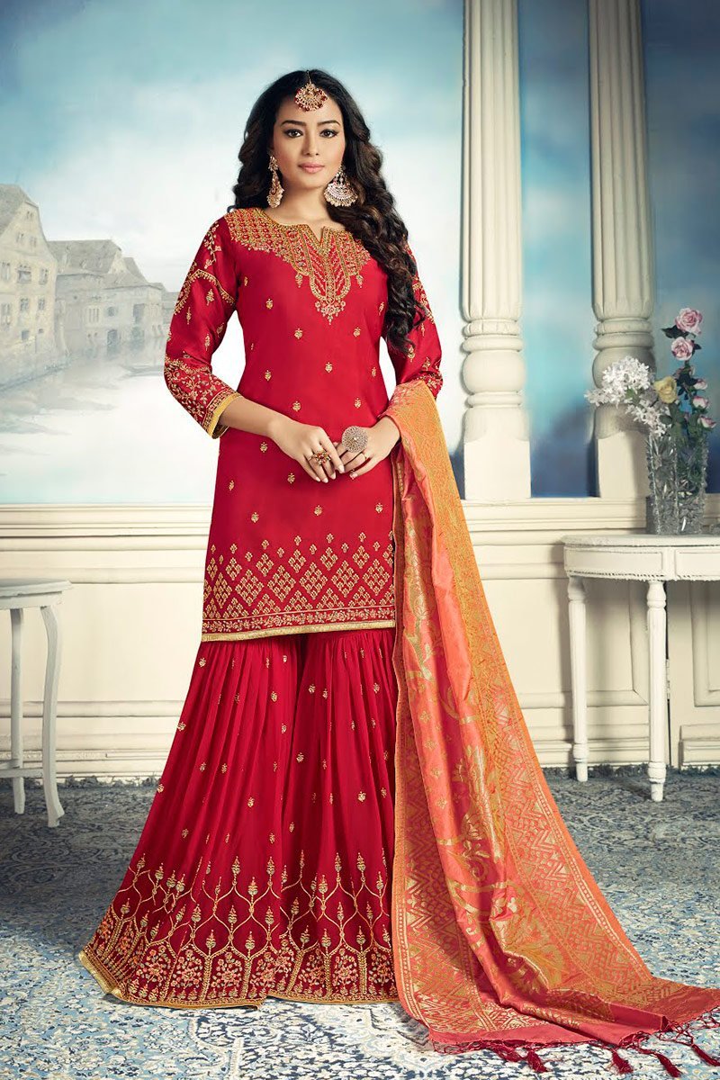 Red Rouge And Orange Embroidered Sharara Suit
