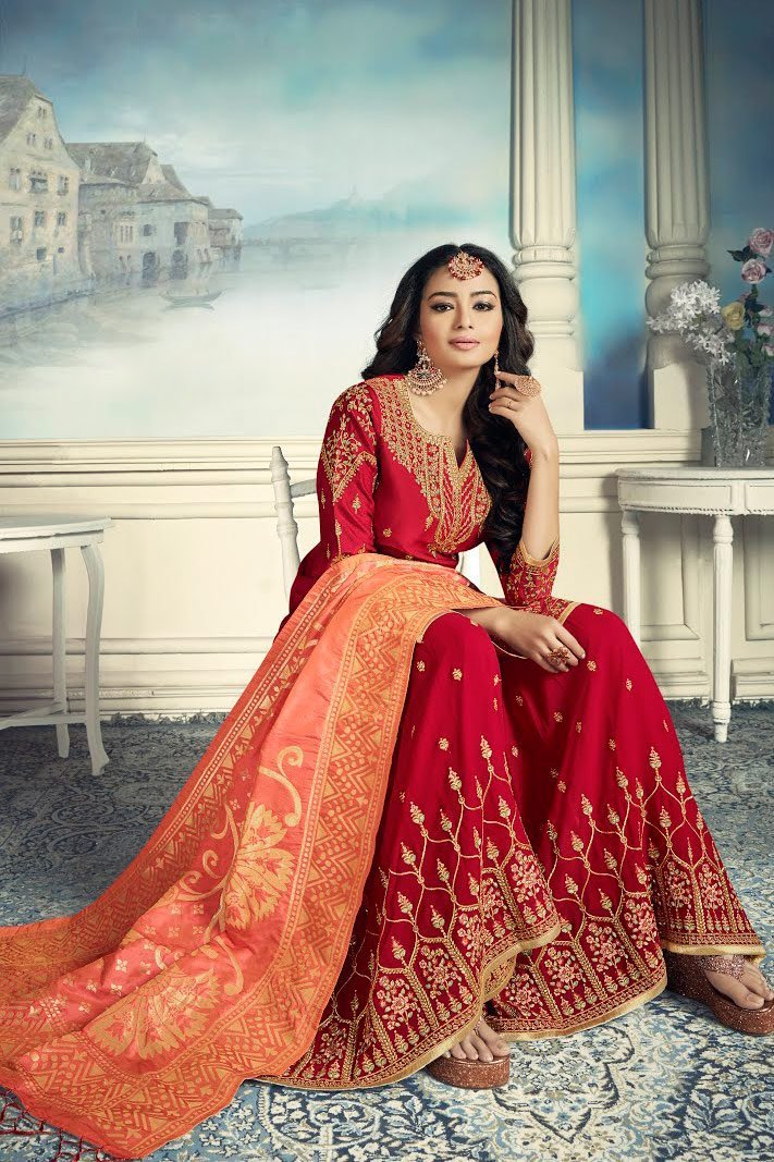 Red Rouge And Orange Embroidered Sharara Suit