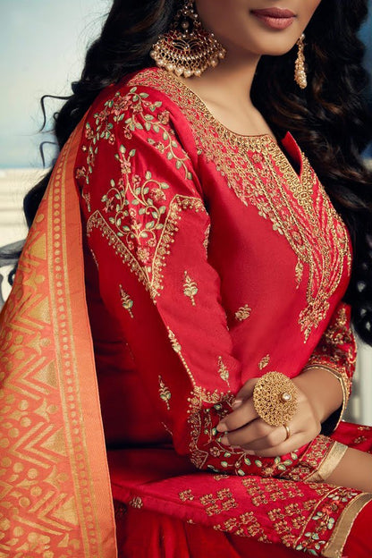 Red Rouge And Orange Embroidered Sharara Suit
