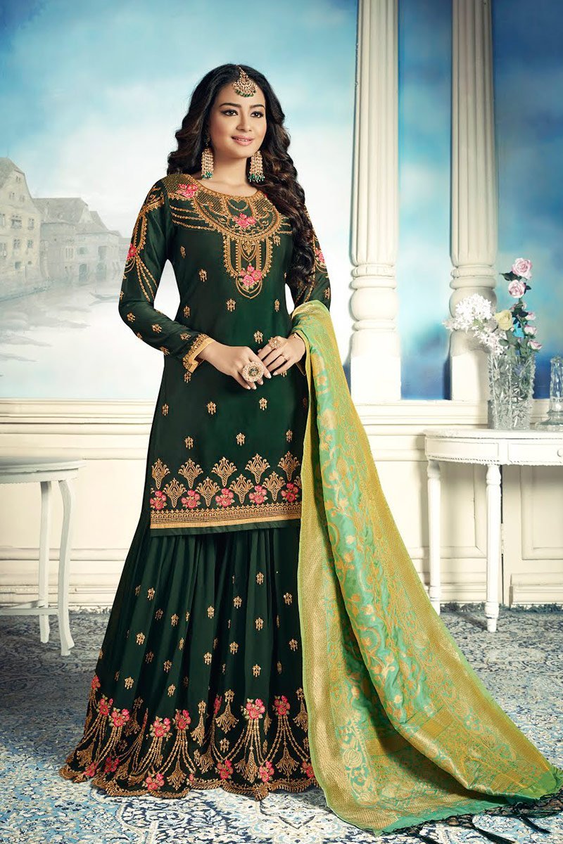 Green Dual Tone Embroidered Sharara Suit